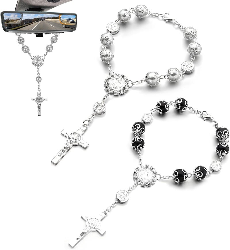 SHMZK 2 PCS Car Rosary for Rearview Mirror, Personalized Blessing Hanging Pendant for Car Rear View Mirror, Cross Rosary Ornament Interior Decor for Most Vehicles, Car Accessories (Silver+Black) - Image 1